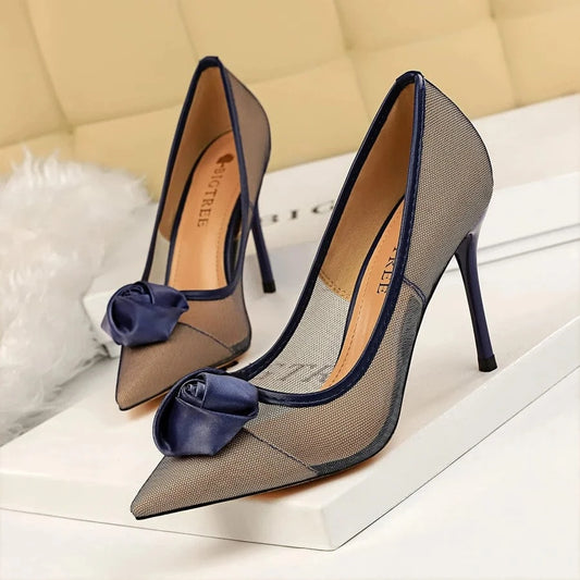Chaussure Talon Femme Rose Decoration Pointed Toe Breathable Mesh Silk Pump Elegant Fashion Stiletto Heels for Ladies