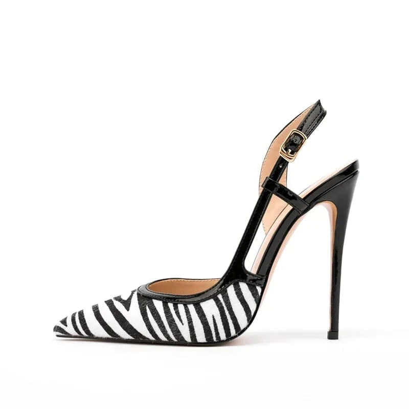 Chaussures-femm Talons Latest Fashion Ladies Sexy Dress Sandal Shoes Zebra Stripe Pointed Toe Stiletto Slingback Pumps For Women