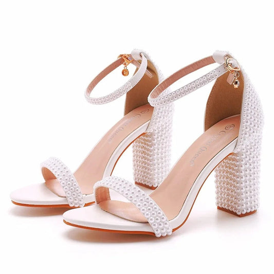 Chaussures Femme Autumn New Fashion Pearls Decor Dating Sandalias PU Round Toe Slip-toe Chunky Heels Sandals Women Wedding Shoes