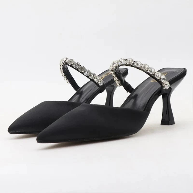 Chaussures Femme Breathable Silk Satin Rhinestone Decor Shoes Pointed-toe Large Size High Heel Sandals For Ladies Outdoor Sandal