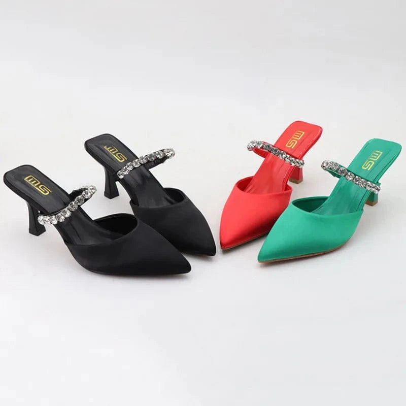 Chaussures Femme Breathable Silk Satin Rhinestone Decor Shoes Pointed-toe Large Size High Heel Sandals For Ladies Outdoor Sandal