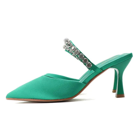 Chaussures Femme Breathable Silk Satin Rhinestone Decor Shoes Pointed-toe Large Size High Heel Sandals For Ladies Outdoor Sandal