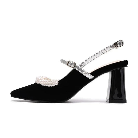 Chaussures Femme Elegant String Bead Black Sandalias Velvet Wrap-toe Ankle Strap Chunky Heels Sandals Ladies Office Dating Shoes