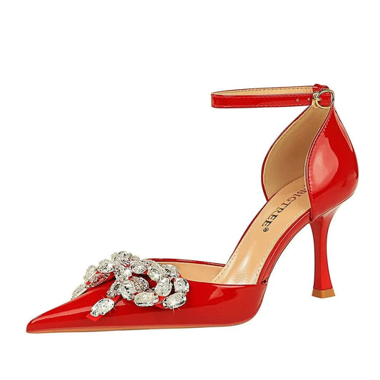 Chaussures Femme Fashion Rhinestone Bowknot Decor Wrap-toe Shoes Ankle Strap Hollow Out High Heel Sandals Ladies Banquet Sandals