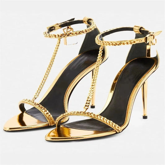 Chaussures Femme Hot Sale Chain Decor Open-toe Mujer Zapatos Hollow Out Ankle Strap High Heel Sandals Ladies Dating Club Sandals