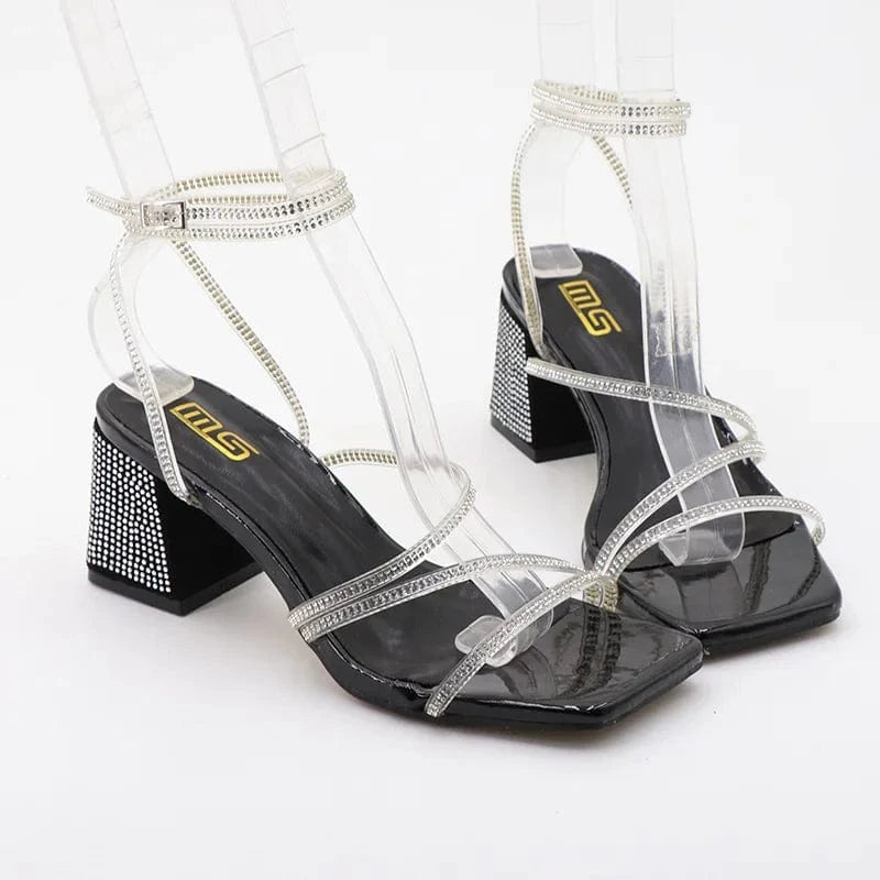Chaussures Femme Hot Sale Rhinestone Decor Square-toe Roman Shoes Cross Strap Lace Up Chunky Heels Sandals Ladies Dating Sandals
