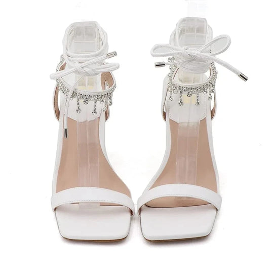 Chaussures Femme Luxury Rhinestone Decor Open-toe Roman Shoes Cross Strap Lace Up High Heel Sandals For Ladies Club Party Sandal