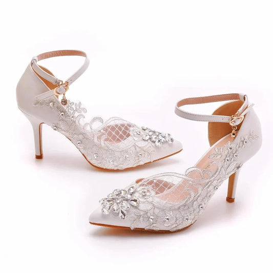 Chaussures Femme New Rhinestone Decor Pointed-toe Roman Shoes Side Hollow Out Ankle Strap Thin Heeled Sandals For Bridal Sandals