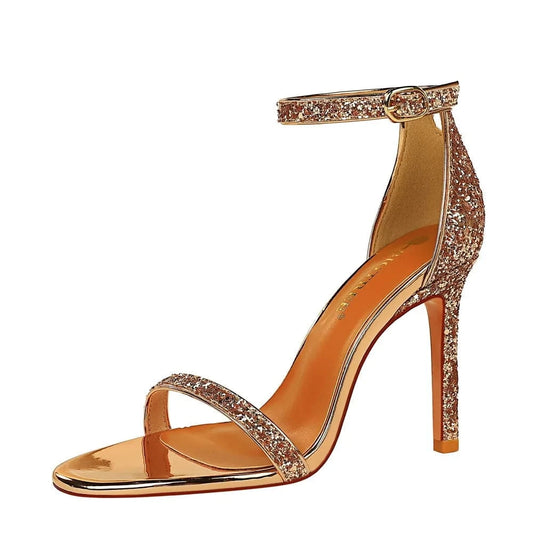 Chaussures Femme Summer Luxury Bling Sequined Open-toe Shoes T-strap Hollow Out High Heels Sandals Ladies Party Nightclub Sandal