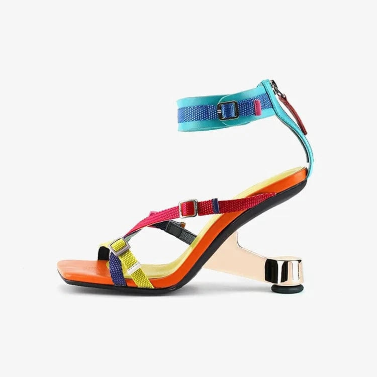 Chaussures Femme Versatile Color Patchwork Zippers Shoes Side Hollow Out Ankle Strap High Heel Sandals For Ladies Dating Sandals