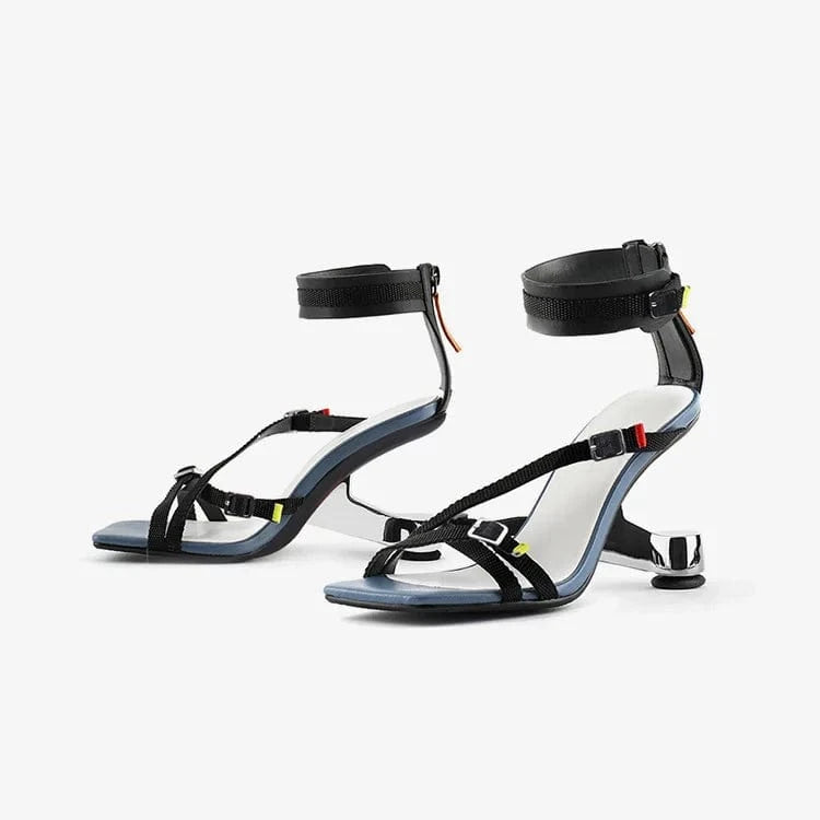 Chaussures Femme Versatile Color Patchwork Zippers Shoes Side Hollow Out Ankle Strap High Heel Sandals For Ladies Dating Sandals