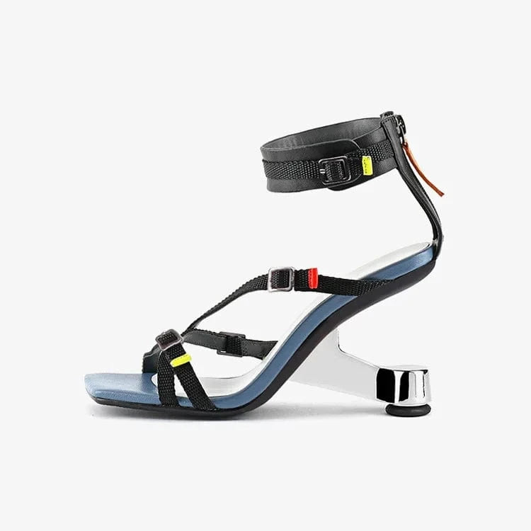 Chaussures Femme Versatile Color Patchwork Zippers Shoes Side Hollow Out Ankle Strap High Heel Sandals For Ladies Dating Sandals