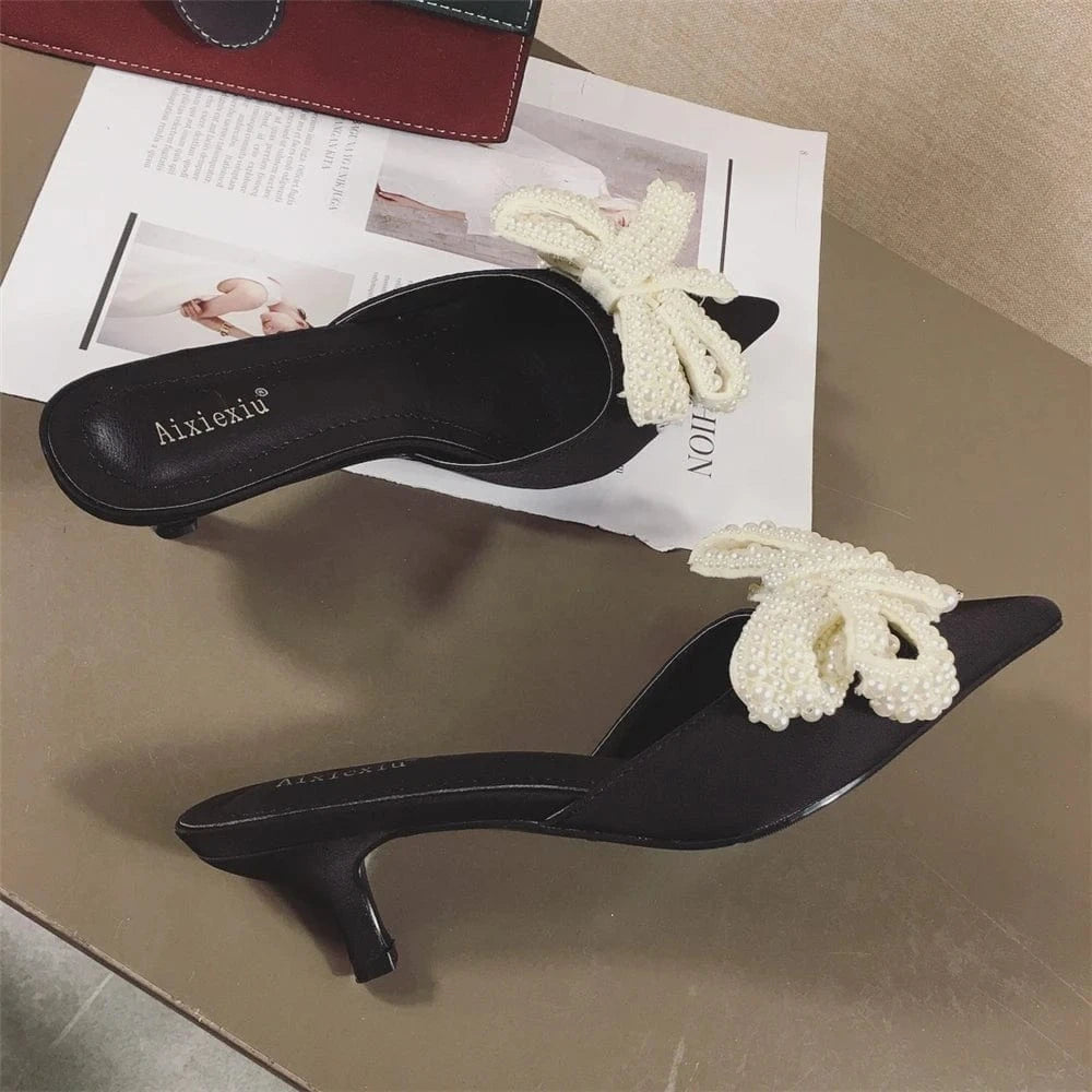 Chaussures Talon 5CM Slippers Slides Pearl Trending Short Kitten Female Ladies Pumps Heels
