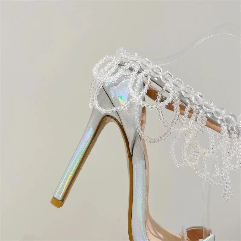 Chaussures Talon Zapatos Shoes Vendor Crystal Beaded Stiletto Pointed Toe Mule Heels for Women