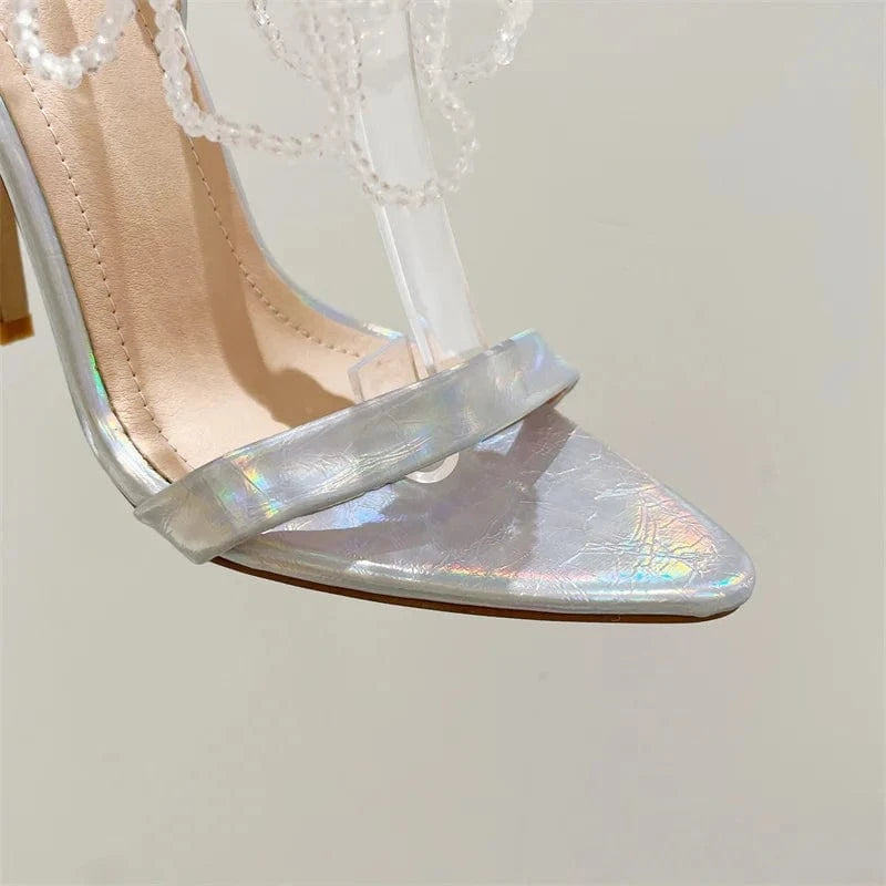 Chaussures Talon Zapatos Shoes Vendor Crystal Beaded Stiletto Pointed Toe Mule Heels for Women