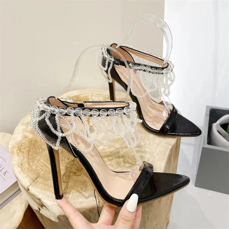 Chaussures Talon Zapatos Shoes Vendor Crystal Beaded Stiletto Pointed Toe Mule Heels for Women