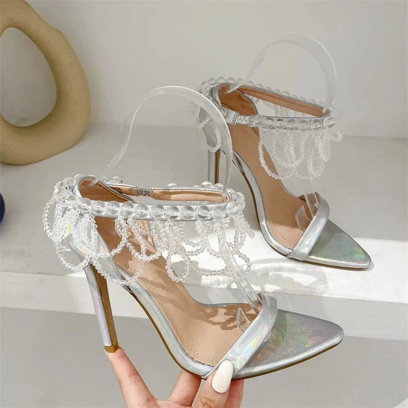 Chaussures Talon Zapatos Shoes Vendor Crystal Beaded Stiletto Pointed Toe Mule Heels for Women