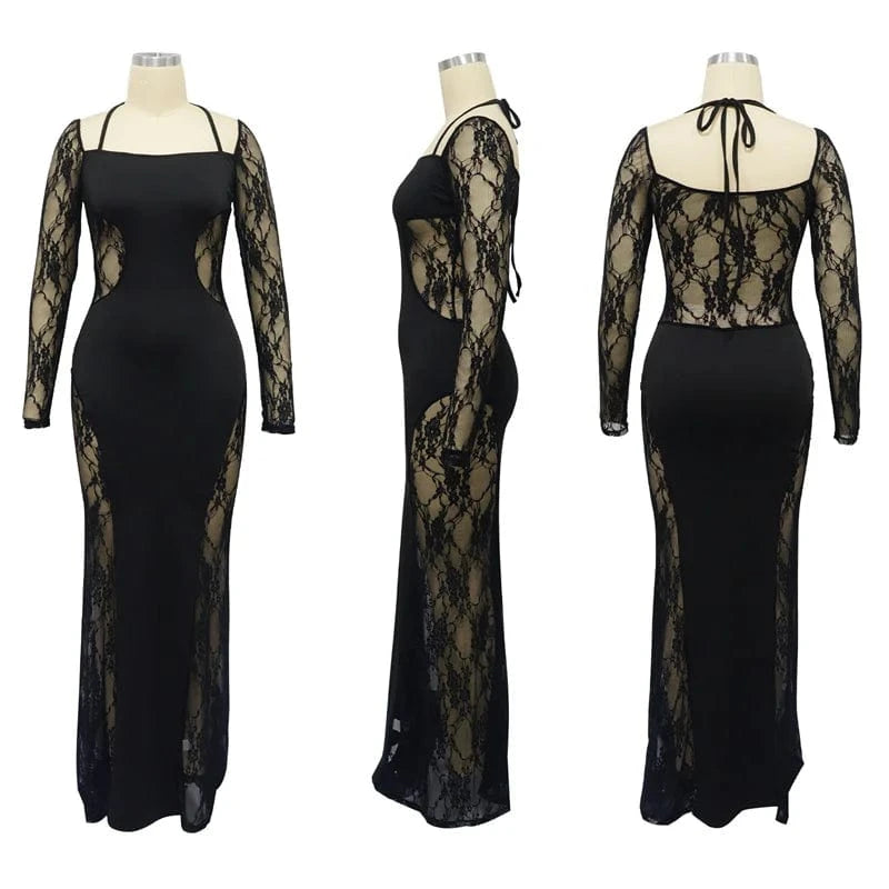 cheap 2024 new arrivals women lady red sexy mesh side patchwork decent elegant wedding party maxi long sleeve gown evening dress