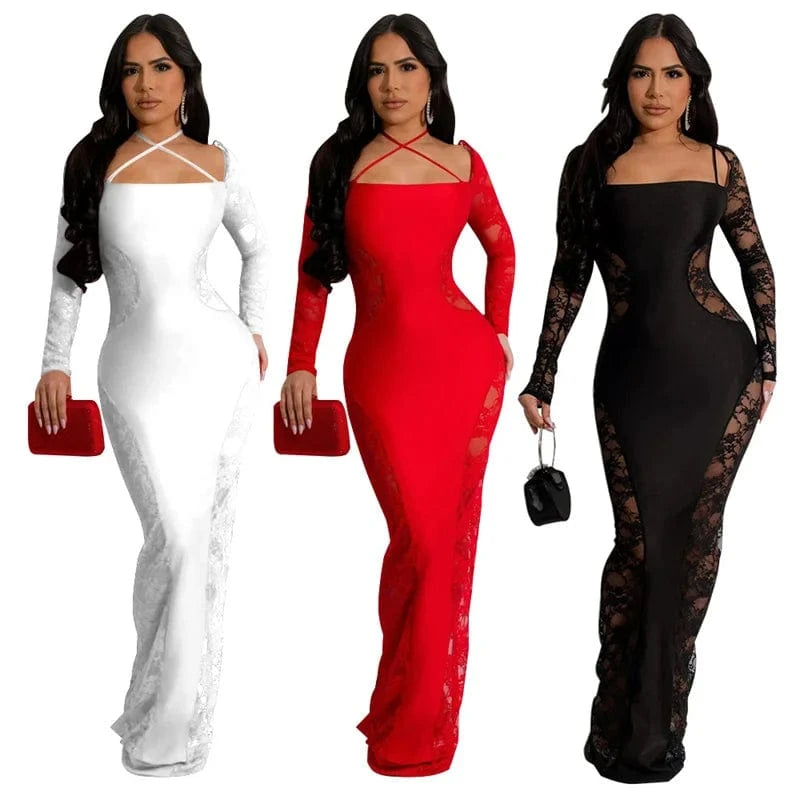 cheap 2024 new arrivals women lady red sexy mesh side patchwork decent elegant wedding party maxi long sleeve gown evening dress