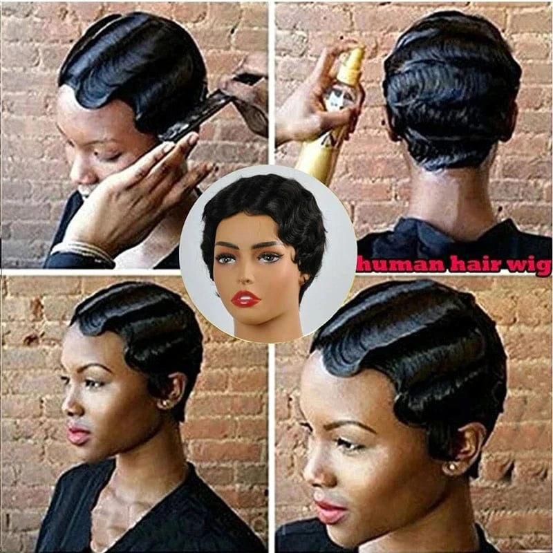 Cheap Brazilian Remy Hair Short Wet and Wavy Pixie Cut Wig Ocean Wave Finger Wave None Lace Human Hair Wig for Black Women