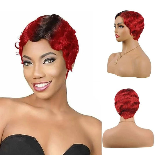 Cheap Brazilian Remy Hair Short Wet and Wavy Pixie Cut Wig Ocean Wave Finger Wave None Lace Human Hair Wig for Black Women