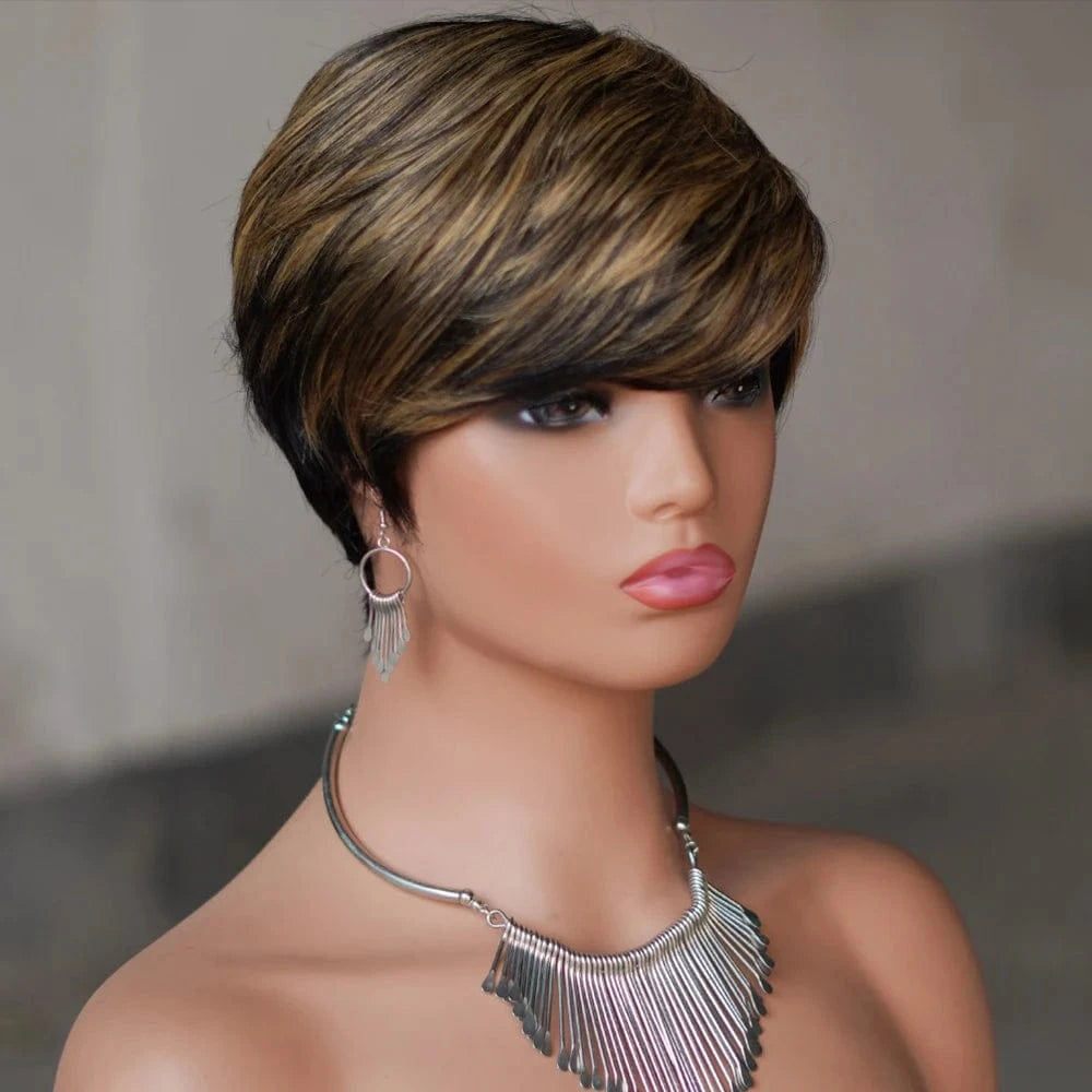 Cheap Glueless Machine Made Natural Color Wigs Human Hair, Short Pixie Cut Human Hair Wigs, Short Bob Wigs for Black Womens