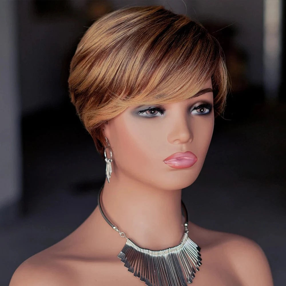 Cheap Glueless Machine Made Natural Color Wigs Human Hair, Short Pixie Cut Human Hair Wigs, Short Bob Wigs for Black Womens