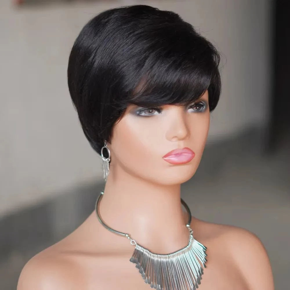 Cheap Glueless Machine Made Natural Color Wigs Human Hair, Short Pixie Cut Human Hair Wigs, Short Bob Wigs for Black Womens