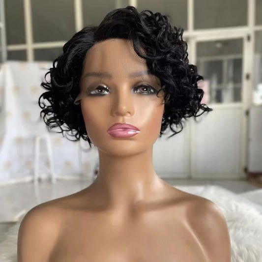 Cheap Pixie Short Hair Lace Frontal Wig Black Women Perruque Pixie Cut Human Hair Bob 180% Density Short Pixie Cut Curly Wig