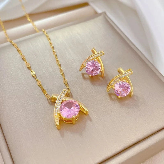 Cheap Price Fashion Fine Jewelry Sets 18k Gold Plated Moissanite Stainless Steel Chain Jewelry Wedding Sets For Women
