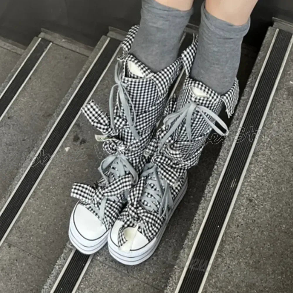 Checkered Canvas Boots Knee High Platform Lace-Up Mixed Color Fashion Elegant Luxury Novelty Women Shoes Round Toe Thick Bottom