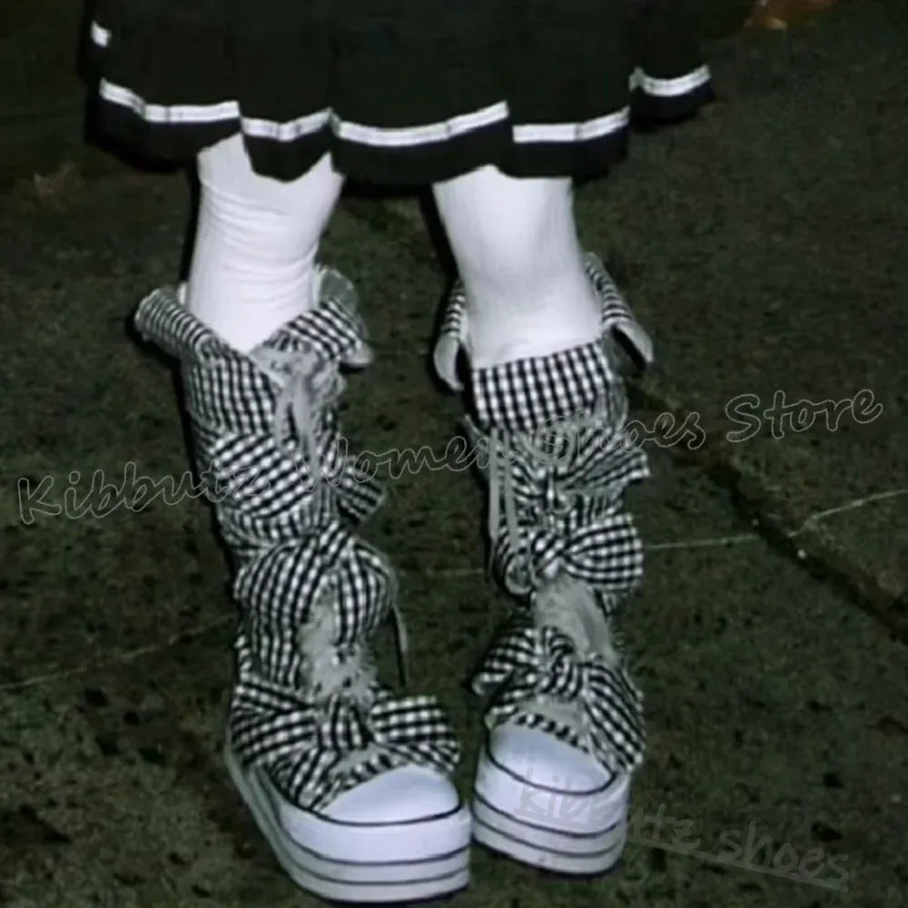 Checkered Canvas Boots Knee High Platform Lace-Up Mixed Color Fashion Elegant Luxury Novelty Women Shoes Round Toe Thick Bottom