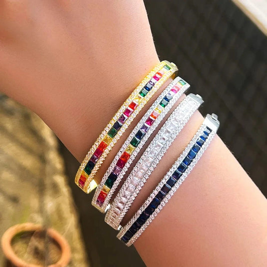 Chic Colorful Jewelry Cubic Zirconia Crystal Rainbow Color Bangles Bracelets for Women Wedding Bridal Luxury Accessories