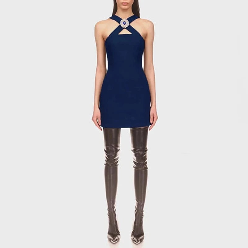 CHICEVER Elegant Hollow Out Spliced Diamonds Halter Lady Royal Blue Dresses For Women