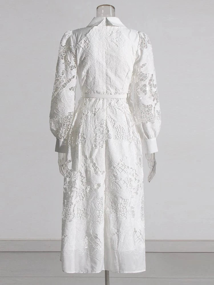 CHICEVER Elegant Lapel Long Sleeve High Waist Embroidery A Line Lady Dresses White Dress For Women