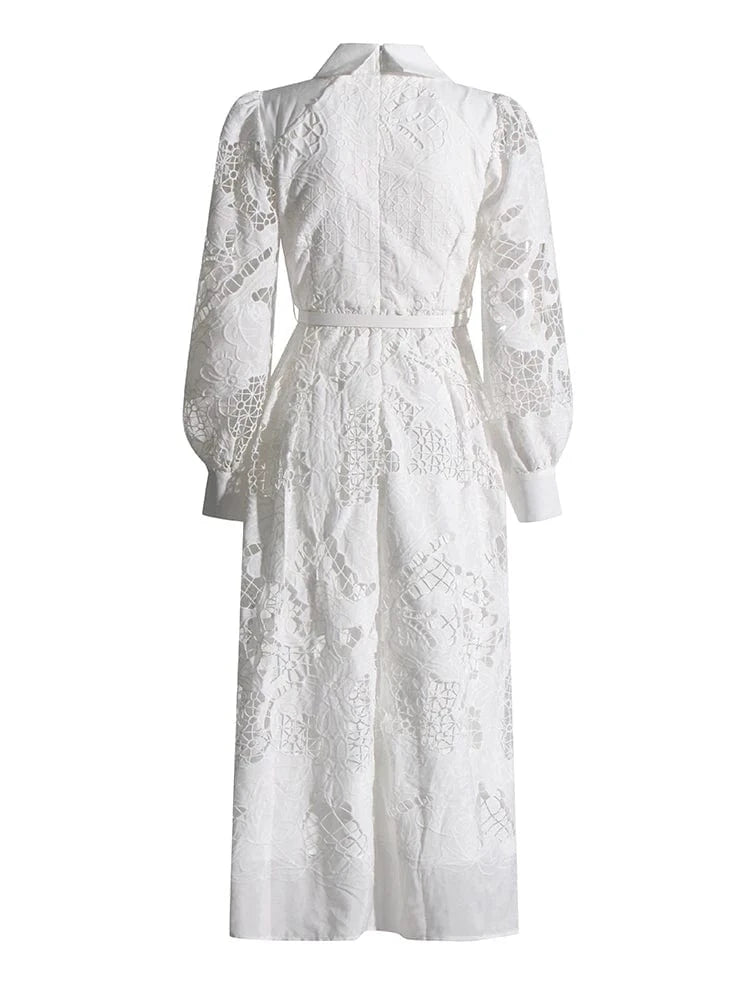 CHICEVER Elegant Lapel Long Sleeve High Waist Embroidery A Line Lady Dresses White Dress For Women