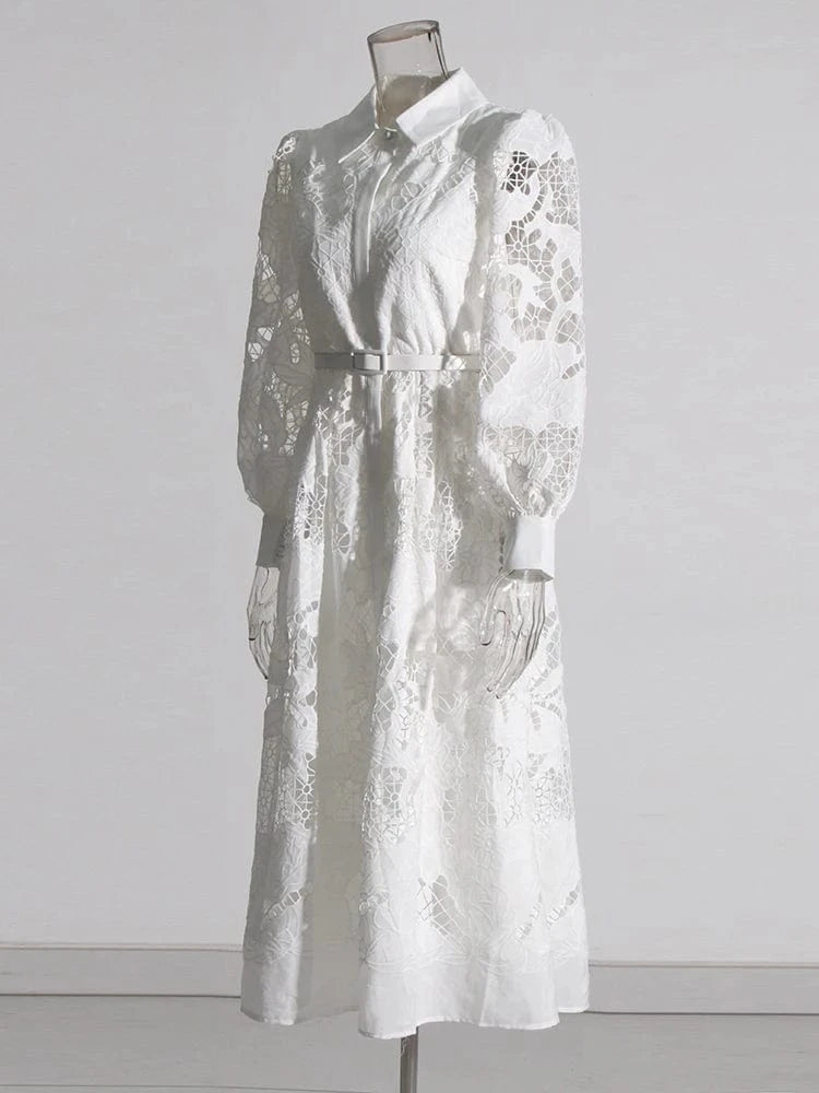 CHICEVER Elegant Lapel Long Sleeve High Waist Embroidery A Line Lady Dresses White Dress For Women