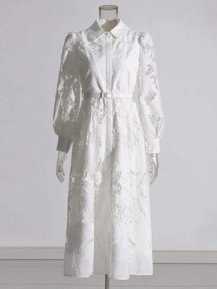 CHICEVER Elegant Lapel Long Sleeve High Waist Embroidery A Line Lady Dresses White Dress For Women
