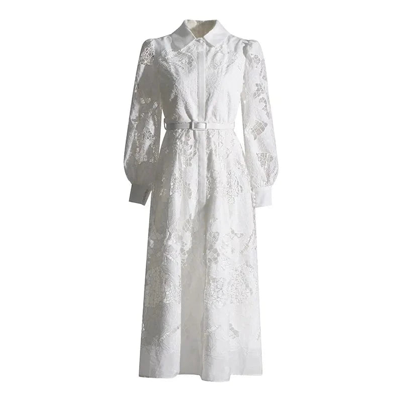 CHICEVER Elegant Lapel Long Sleeve High Waist Embroidery A Line Lady Dresses White Dress For Women