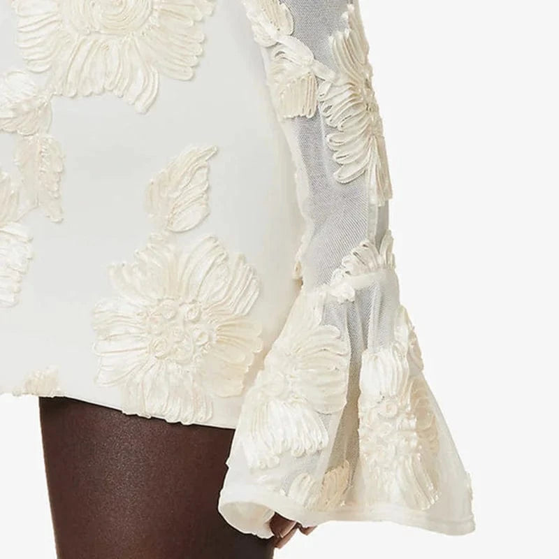 CHICEVER Round Neck Flare Sleeve High Waist Patchwork Jacquard Solid A Line Lady Elegant Dresses Dress For Women