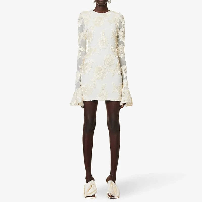 CHICEVER Round Neck Flare Sleeve High Waist Patchwork Jacquard Solid A Line Lady Elegant Dresses Dress For Women