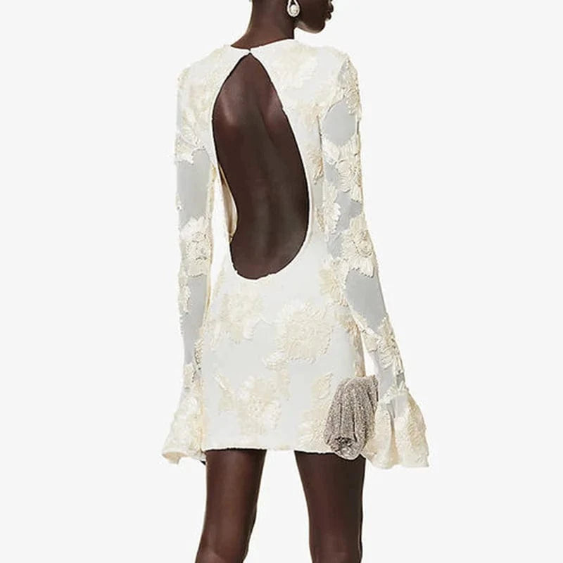 CHICEVER Round Neck Flare Sleeve High Waist Patchwork Jacquard Solid A Line Lady Elegant Dresses Dress For Women