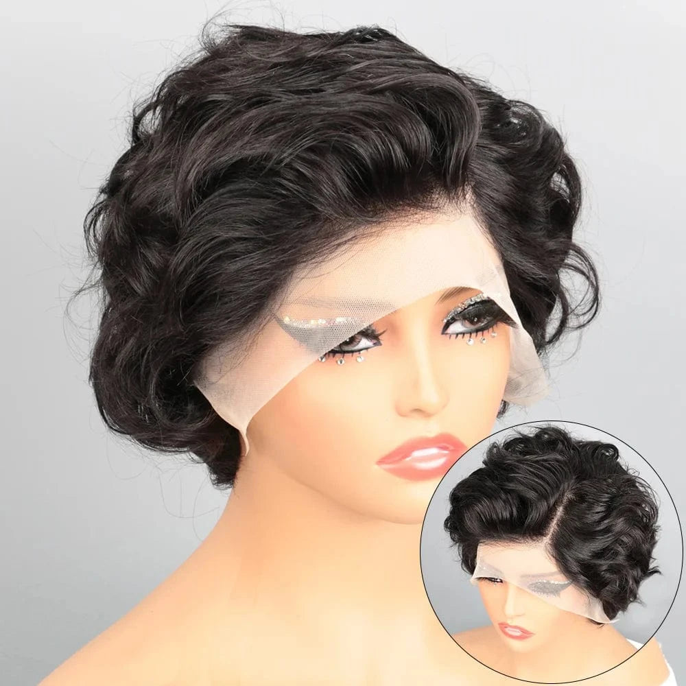 CHINA / 8inches / 200%|13X4 PixieCut Wig Human Hair 13X4 Rose Curly Short Human Hair Wigs Natural Color HD Lace Frontal Wig Curly Human Hair Wig for Woman
