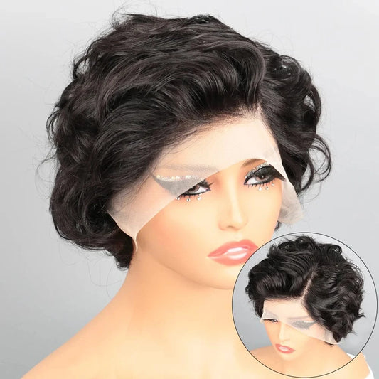CHINA / 8inches / 200%|13X4 PixieCut Wig Human Hair 13X4 Rose Curly Short Human Hair Wigs Natural Color HD Lace Frontal Wig Curly Human Hair Wig for Woman