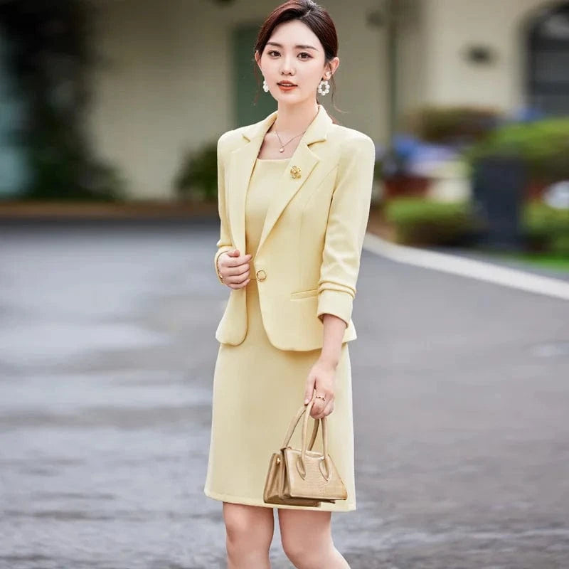 China Factory Direct Sale 2-Piece Set Anti-Wrinkle Formal Office Dress Suit Set Women O-neck Pink Blazer Dress Single Buttons