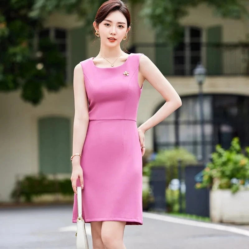 China Factory Direct Sale 2-Piece Set Anti-Wrinkle Formal Office Dress Suit Set Women O-neck Pink Blazer Dress Single Buttons