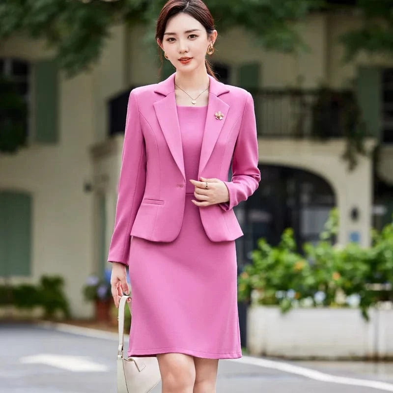 China Factory Direct Sale 2-Piece Set Anti-Wrinkle Formal Office Dress Suit Set Women O-neck Pink Blazer Dress Single Buttons