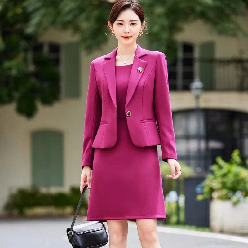 China Factory Direct Sale 2-Piece Set Anti-Wrinkle Formal Office Dress Suit Set Women O-neck Pink Blazer Dress Single Buttons