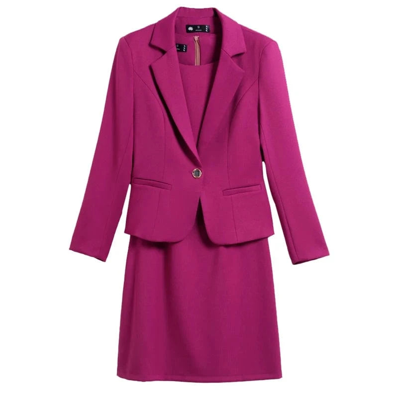 China Factory Direct Sale 2-Piece Set Anti-Wrinkle Formal Office Dress Suit Set Women O-neck Pink Blazer Dress Single Buttons