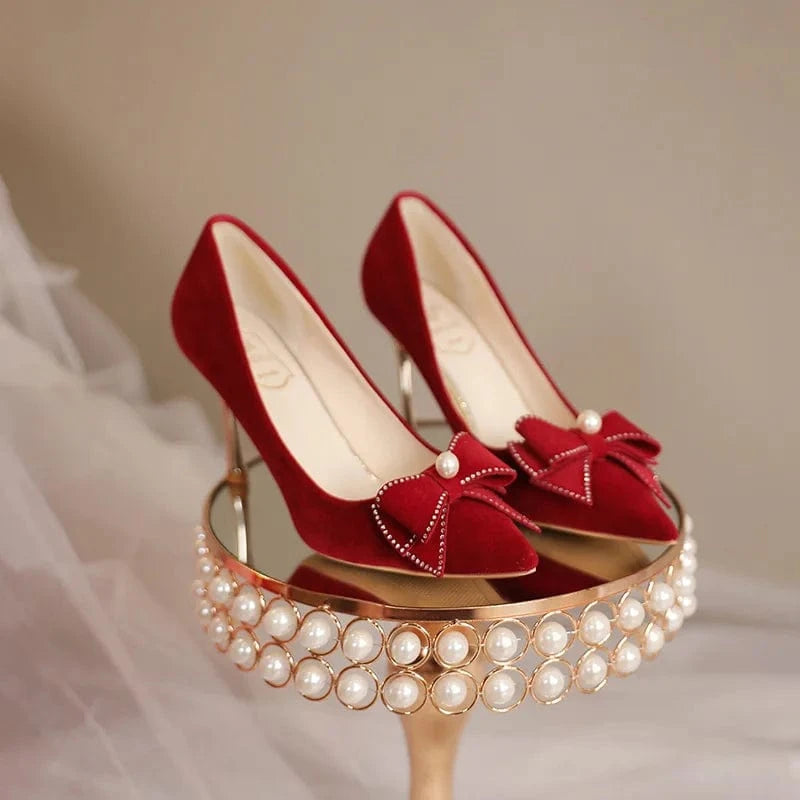 China Latest Women's Red High Heel Spring Single Shoes Elegant Bow Bridesmaid Shoes women high heel shoes